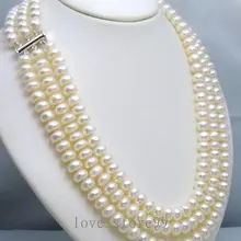 Элегантный 3 ряда натуральный белый AKOYA Жемчужное Ожерелье AKOYA серебро-ювелирные изделия