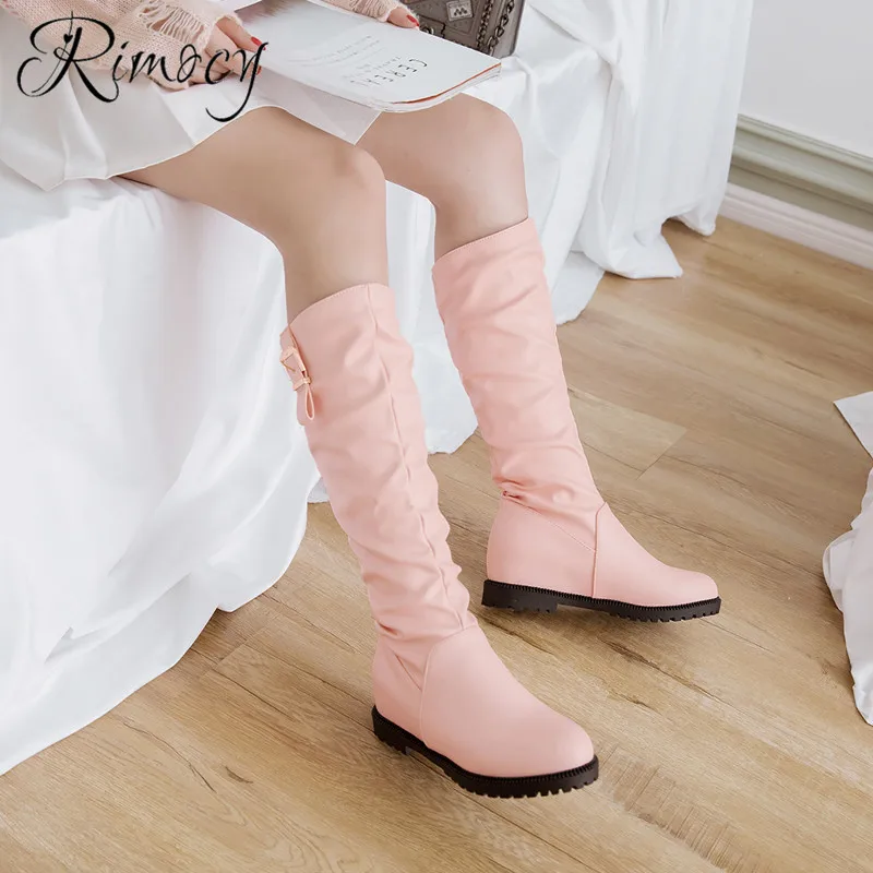

Rimocy lovely pink long boots girls leather boots women knee high boots comfortable flat heels botines mujer 2019 spring fashion