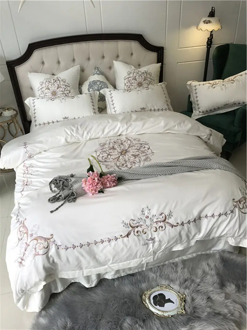 Waliicorners Elegant embroidery Bedlinen Egyptian Cotton flowers Bedding sets queen king size Duvet cover pillowcase Flat Bedsheet 18 IMG_4651