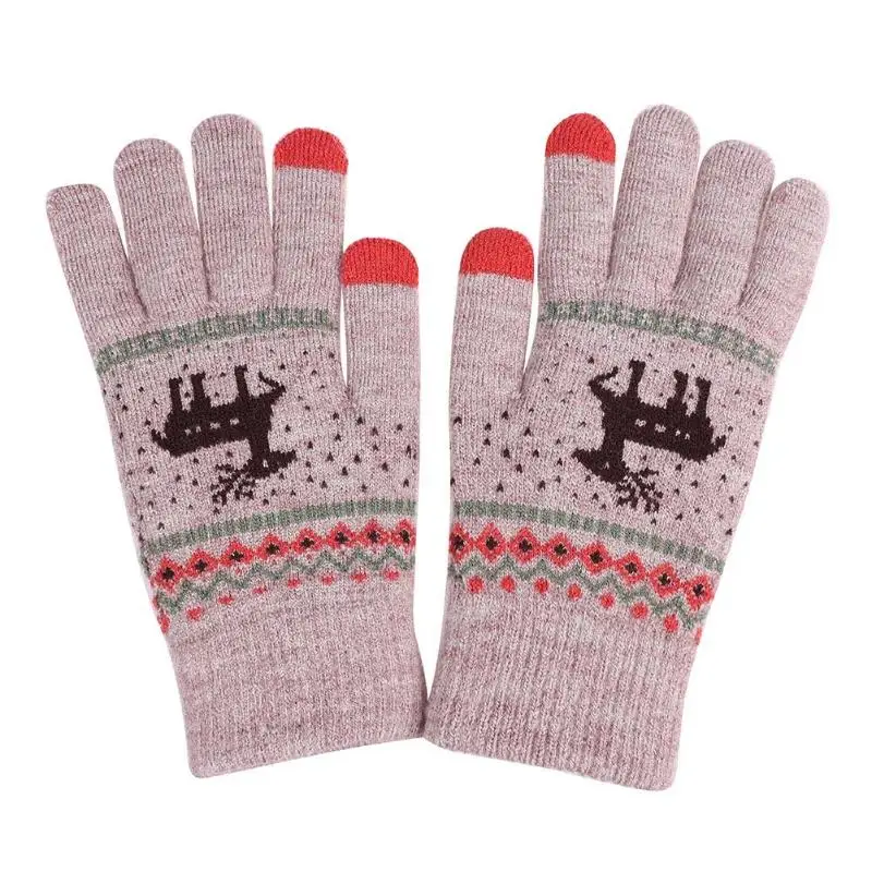 Винтажные вязаные перчатки с рождественским оленем женские утепленные перчатки с сенсорным экраном зимние теплые варежки с изображением снежного лося - Цвет: CAMEL
