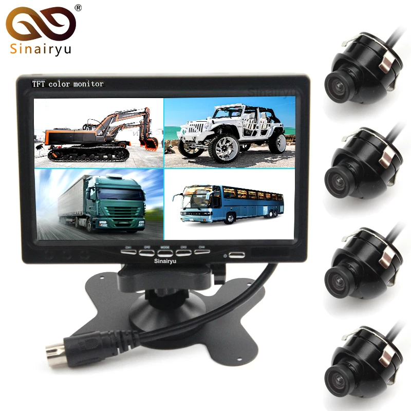 

Sinairyu Car Reverse Backup Camera Front/Rear/Left/Righ 7"4 Split Quad TFT LCD Display DC 12V Car Rear View Headrest Monitor