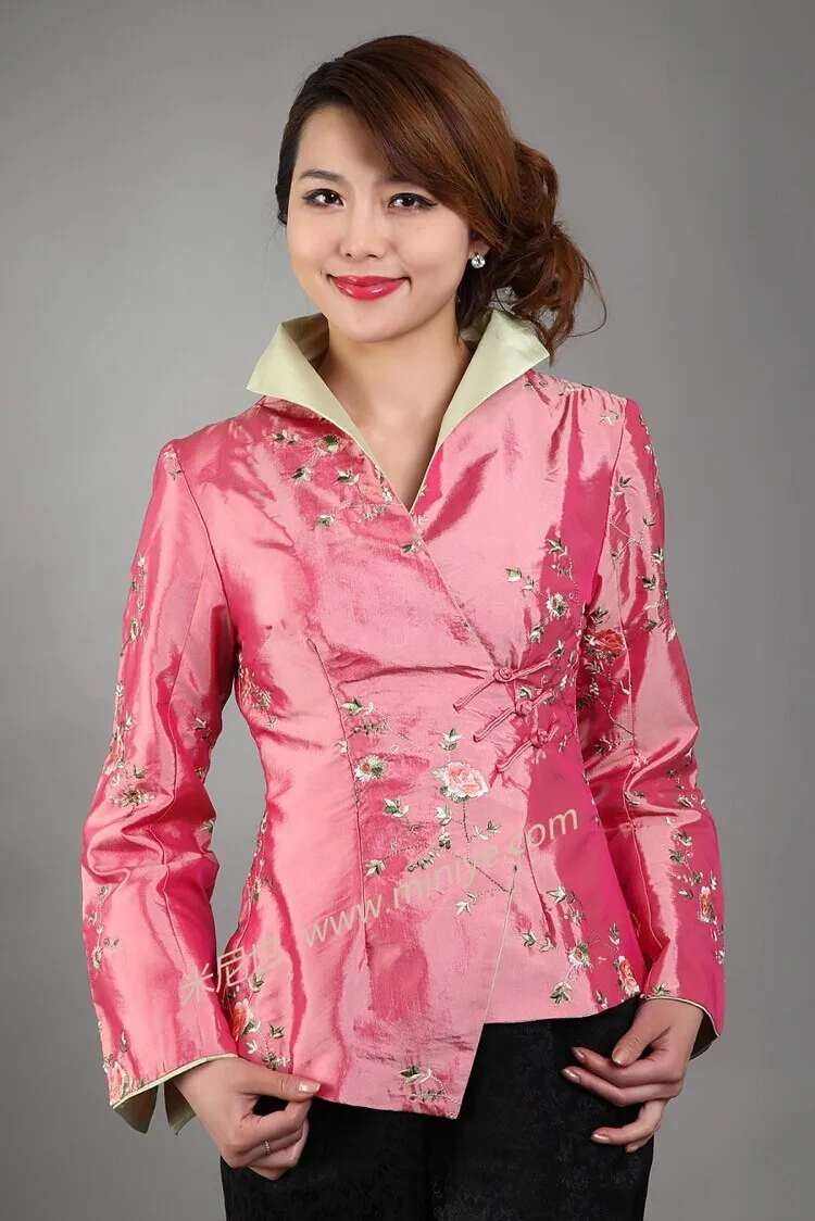 Pink Women's Silk Polyester Coat V Neck Button Jacket