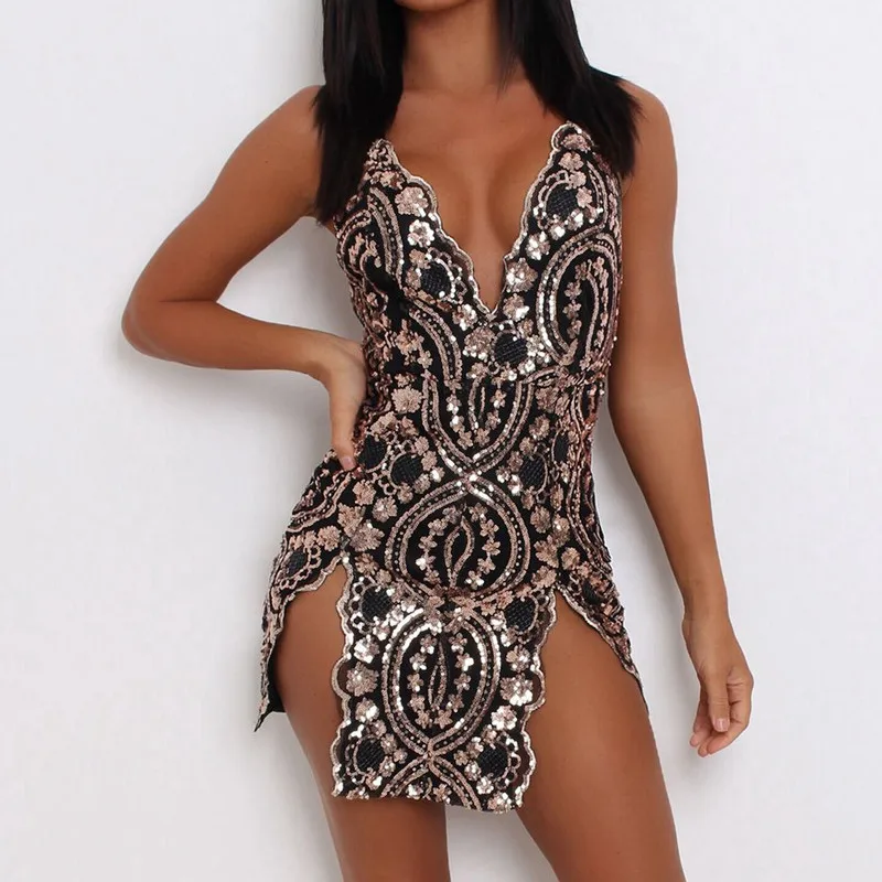 

Sequin Short Party Dress Women Sexy Deep V Backless Slit Mesh Split Bodycon Dress 2018 Club Party Summer Dresses Vestidos