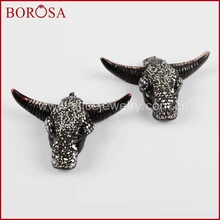 BOROSA 10PCS Druzy Black Resin Ox Head Pendant for Women New Design Buffalo Cattle Horn Charm