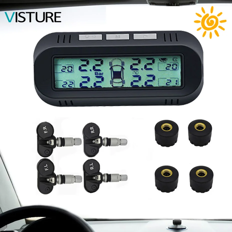 

Windshield Solar TPMS Car Tire Pressure Alarm Monitor System Tyre Pressure Monitoring External Internal Sensor Visture D05W D05N