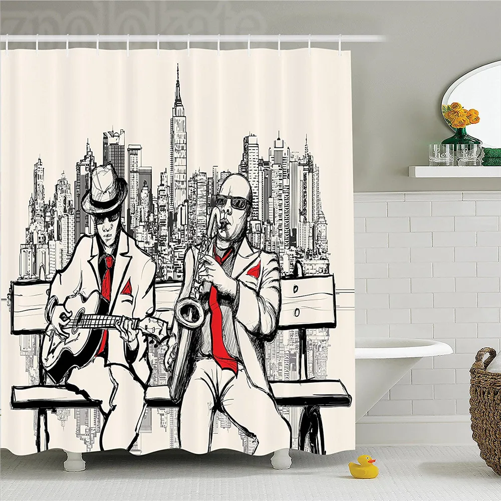Jazz Music Decor Shower Curtain Set Jazz Men Band Playing Beats in New