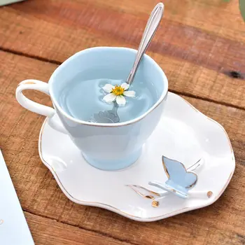 

New Exquisite Butterfly Bird Top Bone China 220ml Coffee Cup Saucer Free Spoon Ceramic European Porcelain Tea Mug
