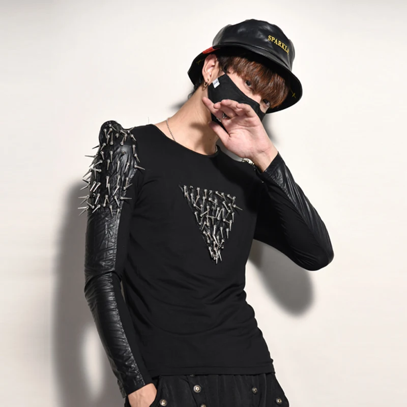 New cool Rivet t shirt men with leather Hard rock punk style Long