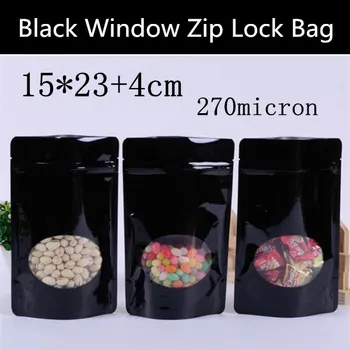 

Wholesale 100pcs 15*23cm+4cm 270mic Glossy Black Plastic Window Bag Stand Up Zip Packaging Bag Food Display Window Bag