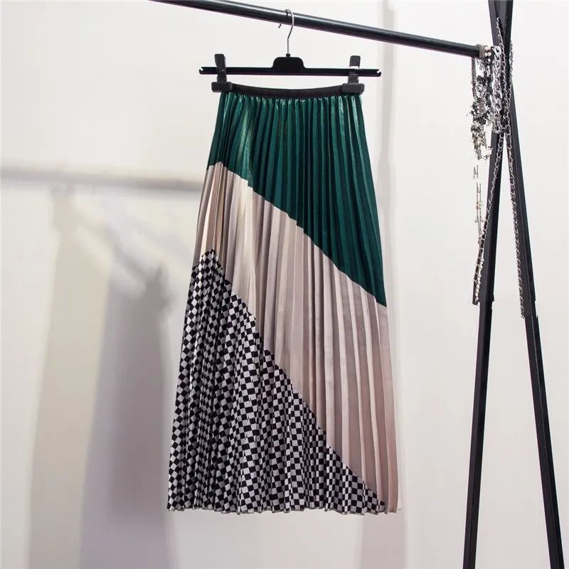 Разноцветная клетчатая плиссированная юбка в стиле пэчворк, стильные полосатые юбки до середины икры, повседневные весенние женские плиссированные юбки