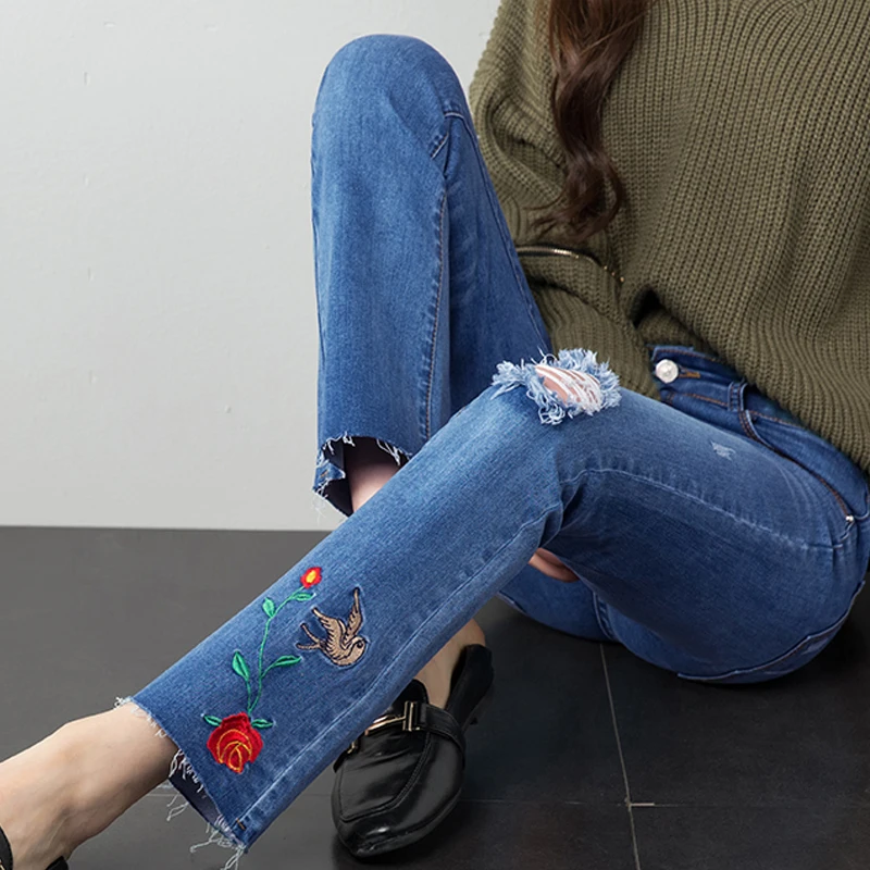 

Fashion Flare Jeans Women Korean style High Waist Embroidery ripped jeans for women Elastic high quality slim denim Trouser