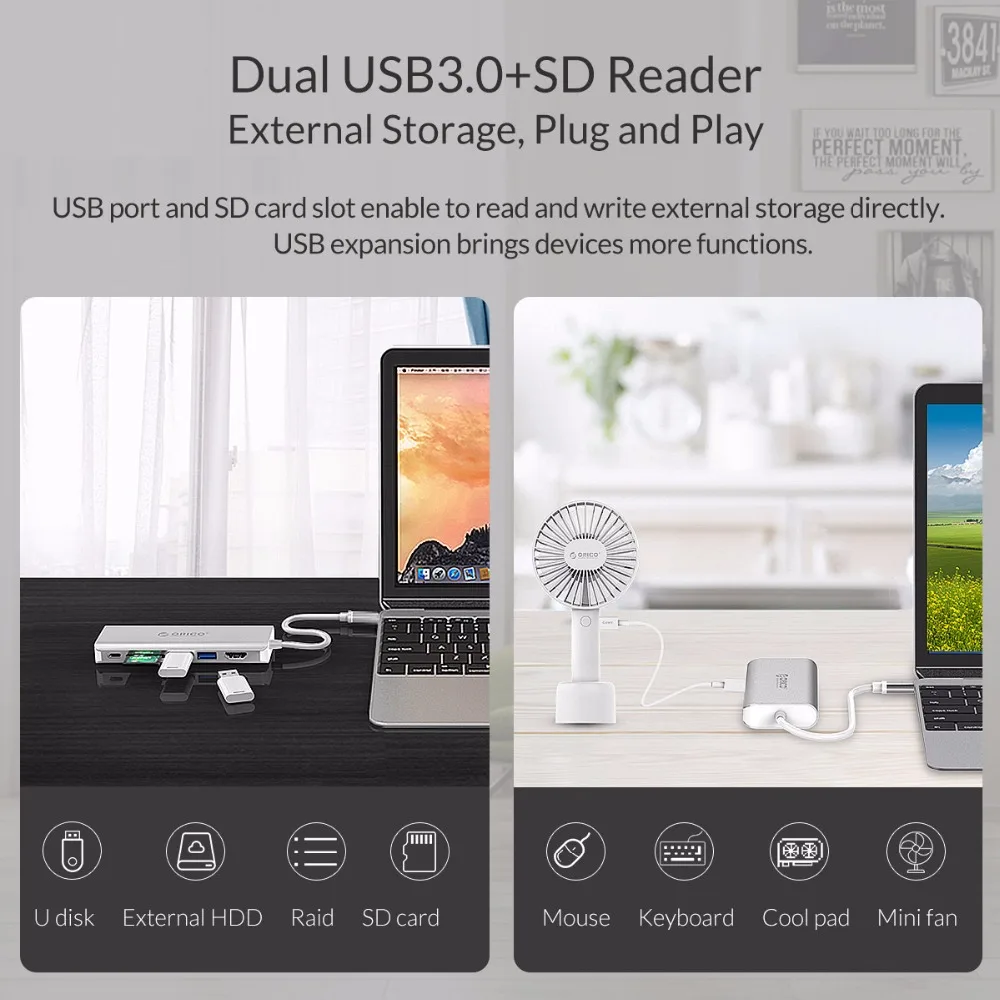 Концентратор ORICO USB C Type к HDMI RJ45 VGA для MacBook Samsung HUAWEI 3 0 концентратор 15 см кабель