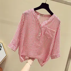 Женская летняя модная блузка универсальная Повседневная Свободная рубашка в полоску с рукавом три четверти blusas mujer de moda 2019