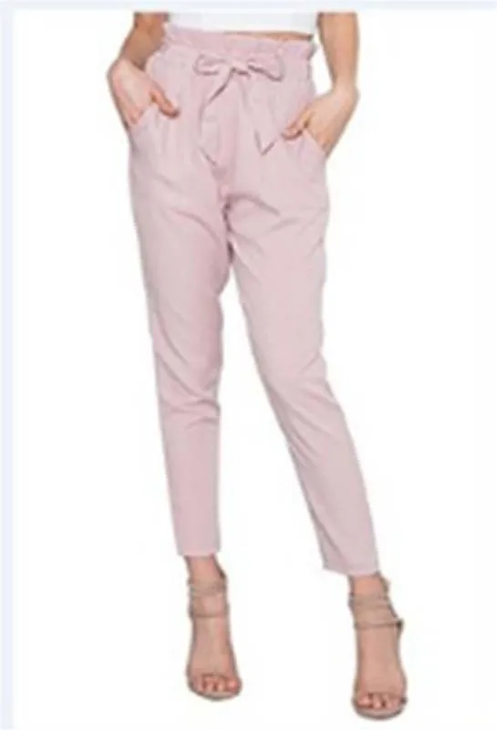 Модные женские брюки с высокой талией и завязками, новинка года, повседневные однотонные длинные эластичные штаны-шаровары с оборками - Цвет: Розовый