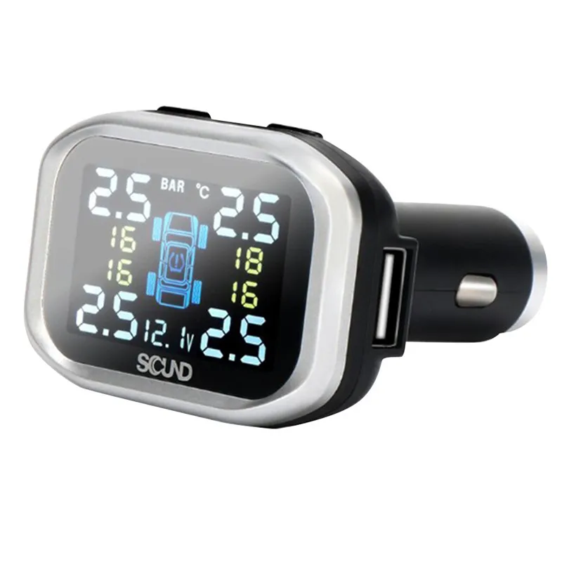 

Tire Pressure Monitoring System Wireless TPMS Monitor with 4 External Sensors Cigarette Lighter Plug Adjustable Display Angle