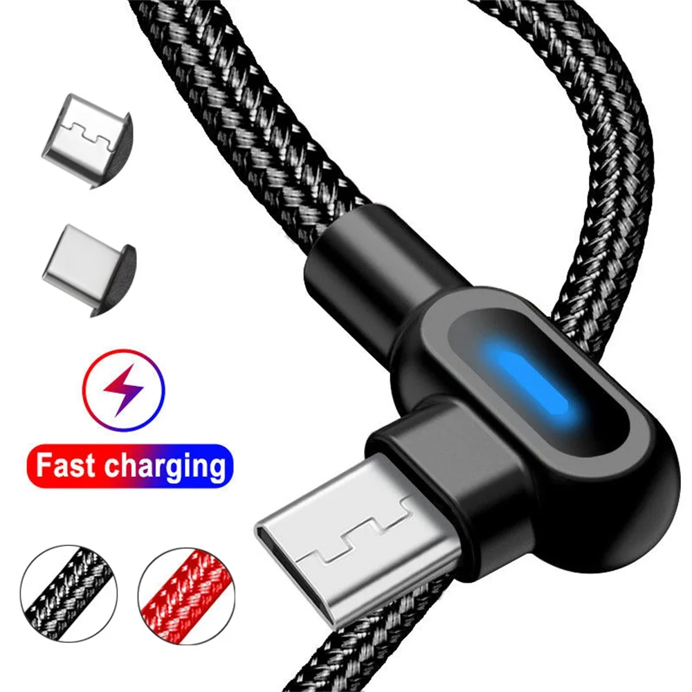 

1PC 90 Degree Angle Micro USB Type-C LED Lighting Cord Fast Charging Sync Data Cable for Android Smartphone Accessories
