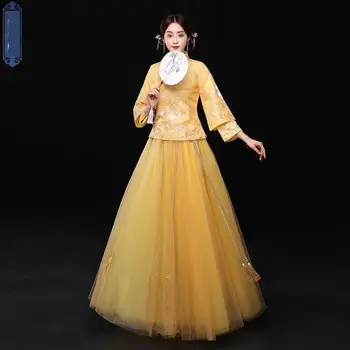 

Chinese Style Women Cheongsam Pleated Dress Novelty Vintage Ancient Marriage Suit Embroidery Mandarin Collar Toast Clothing
