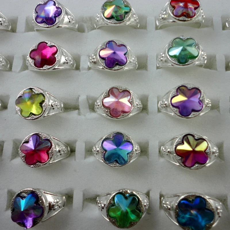 30Pcs Mix Color Silver Plated Crystal Ring For Children Boys Girls Wholesale Jewelry Rings Bulks Lots Hot Sale LR345