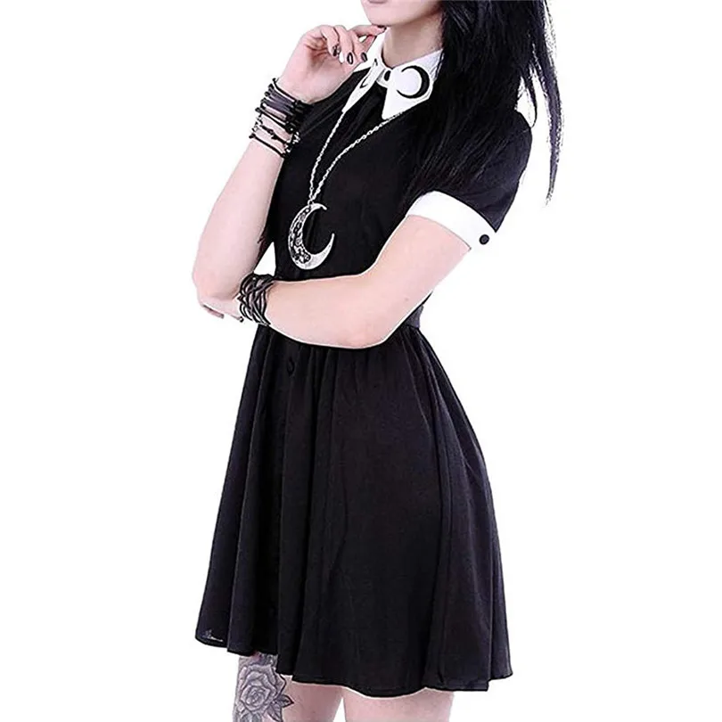 Gothic Punk Style Dress For Women Short Sleeve Summer Dress Turn Down Collor Mini Dress A Line Plus Size Vestido De Festa 40JUN58