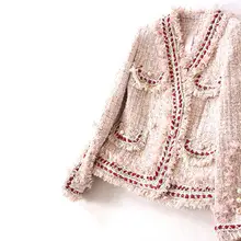 Подиумная Новинка Горячая Распродажа светло-розовый бахромой v-образным вырезом Женский твидовый свитер из саржи куртка Мульти Карманы с жемчужинами пуговицы