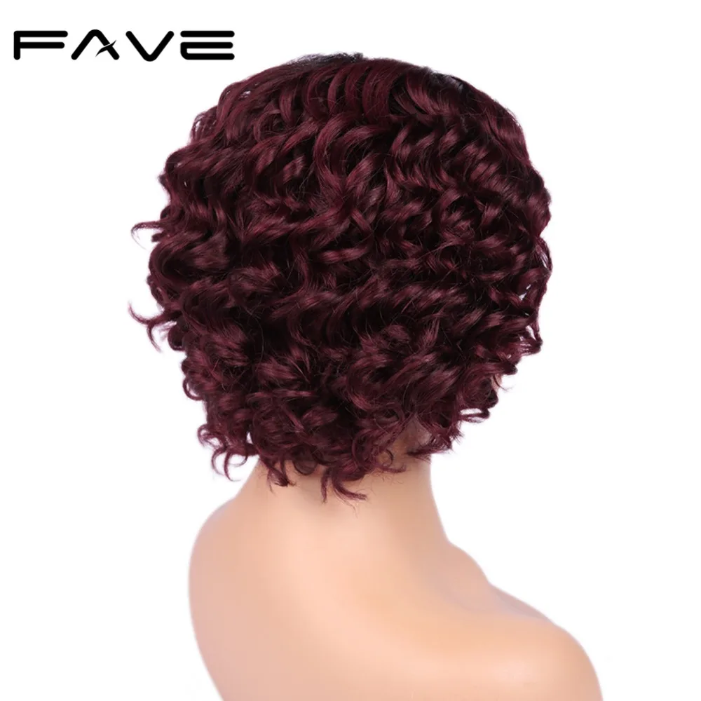FAVE Hair Lace Part Short Curly Peruvian Human Remy Hair Wigs 150% Half Hand Tied TB/Red Wine Color Breathable & Adjustable
