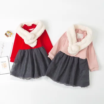 

Sweet Korean Kids Princess Dresses for Girls Thicken Velvet Infant Toddler Baby Cute 2pcs Long Sleeve Dress with Scarf 0-4 Years