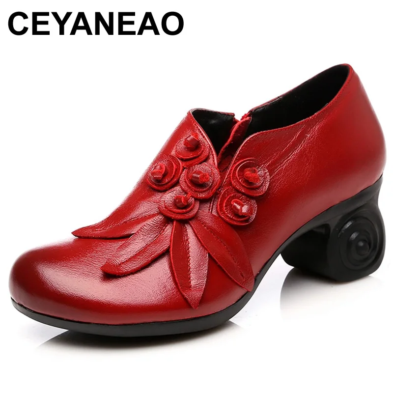 Mujer Suave A Mujeres Alto Zapatos Mano Hecho Oficina Para Cuero Otoño rojo Ceyaneao2019 Las Shoese1476 Flor Tacón Negro De Genuino w1Pnv6WqA
