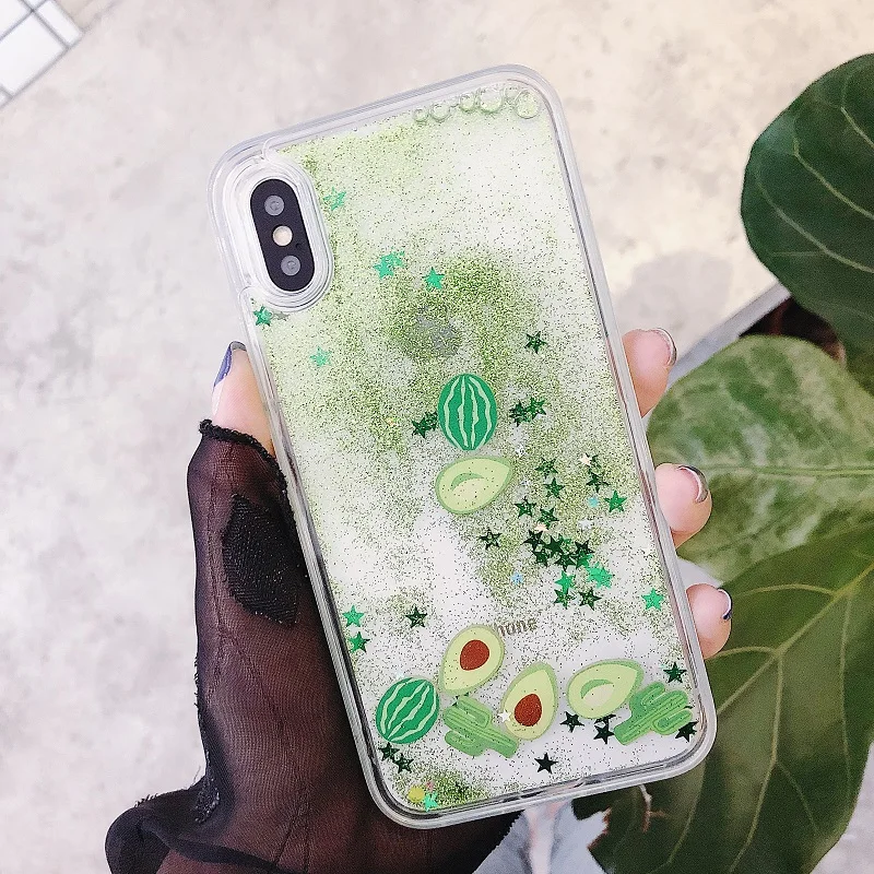 Блестящий чехол для iPhone с изображением дрейфа песка, зеленый арбуз, авокадо, кактус, блестки, поток во время движения, ТПУ чехол Slicone