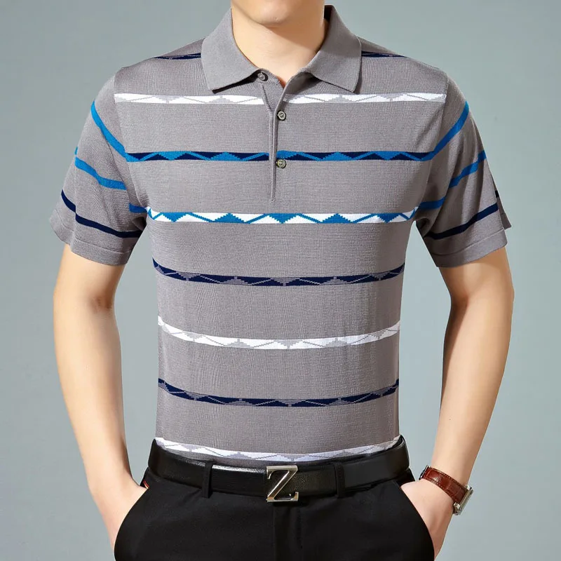 The 2016 Summer men's business polos fashion silk polo shirts stripes Lapel men's shirt free