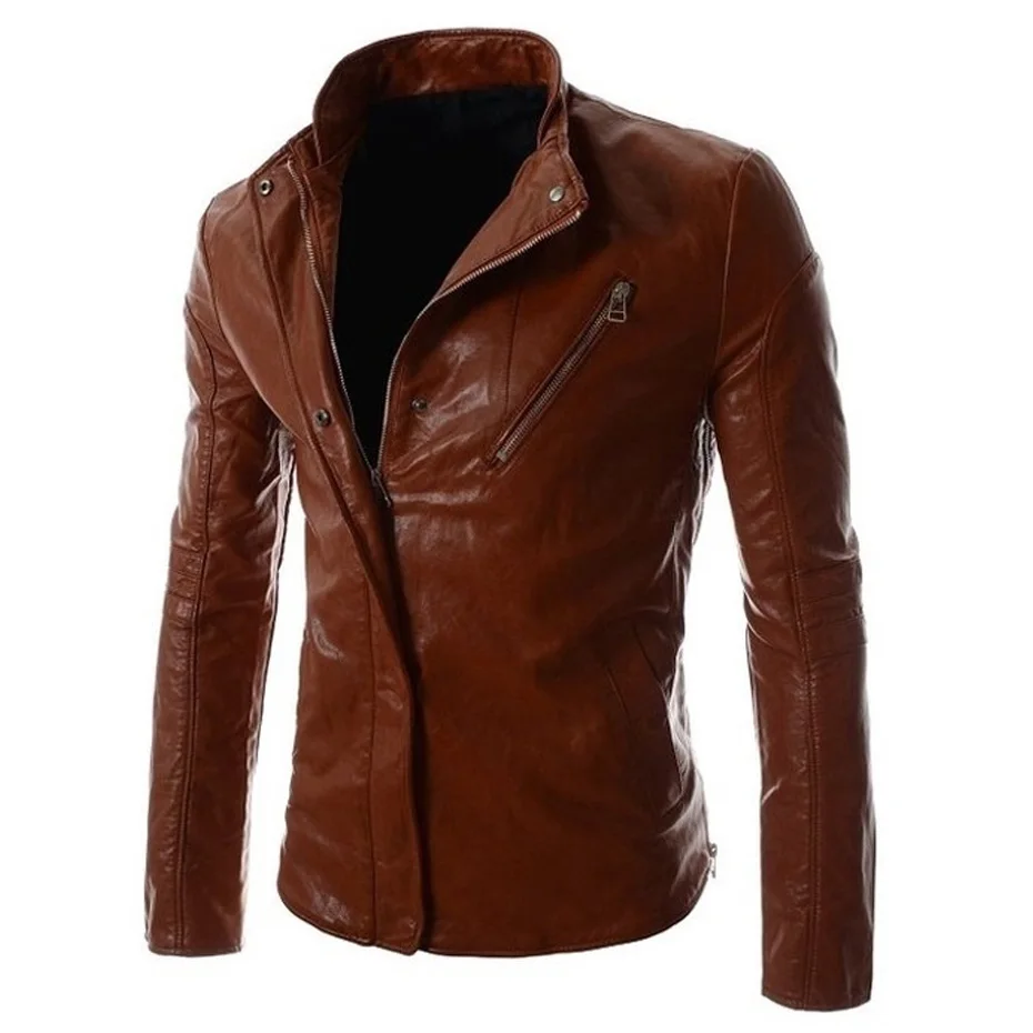Autumn jacket men Zipper mens leather Jacket Black Caramel slim wind
