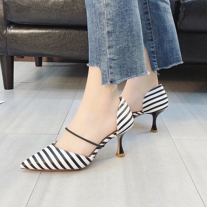 

Small fresh high heel women's fine with 2019 summer new wave point pointed single shoes sexy cat shoes hollow shoes