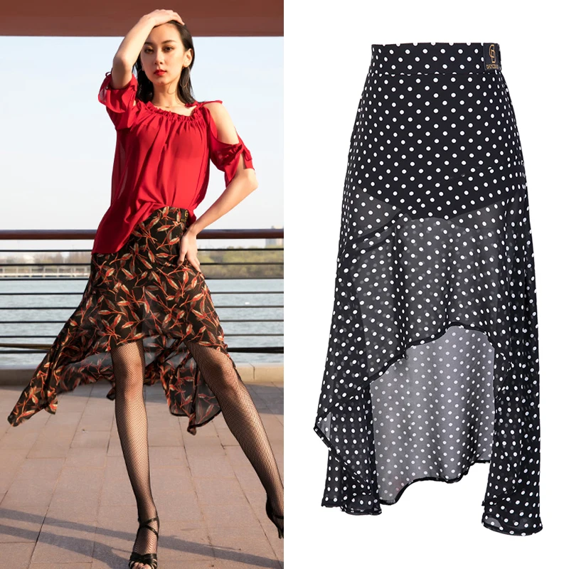 

New Sexy Swing Latin Dance Skirt For Women Point Chiffon Dance Rumba Clothing ChaCha Flamenco Salsa Black Dance Skirt VDB186