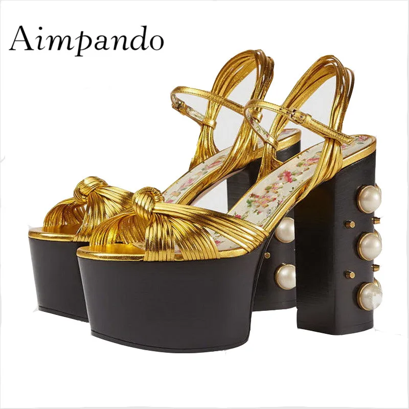 2019 Platform Sandals Woman Peep Toe Pearl Rivet Chunky High Heel Shoes Women Sexy Party Shoes