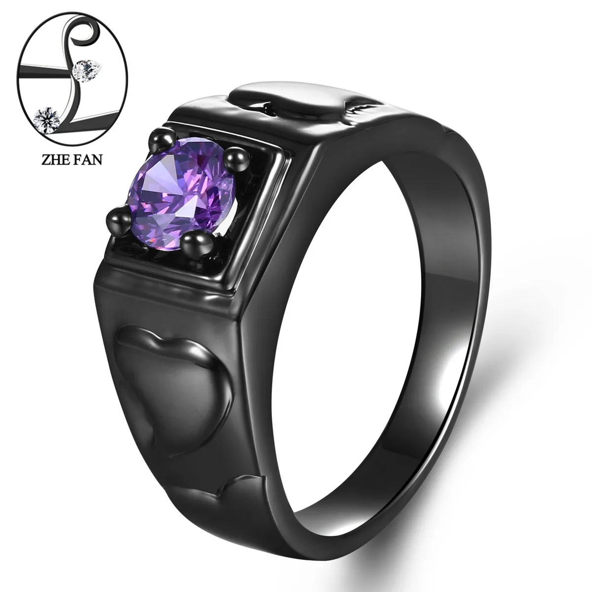 ZHE FAN White Purple Round AAA Cubic Zirconia Vintage Rings Black Color Plating Heart Love Ring Size 6-9 Wholesale | Украшения и