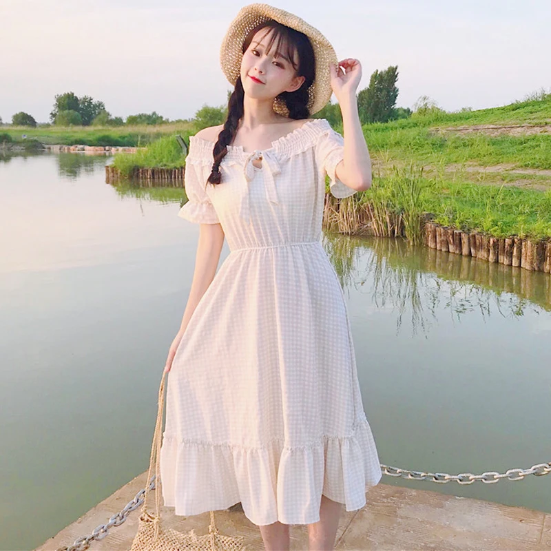 

Summer new women's Japanese sweet student bow Slash neck lattice dress high waist was thin Lolita dress
