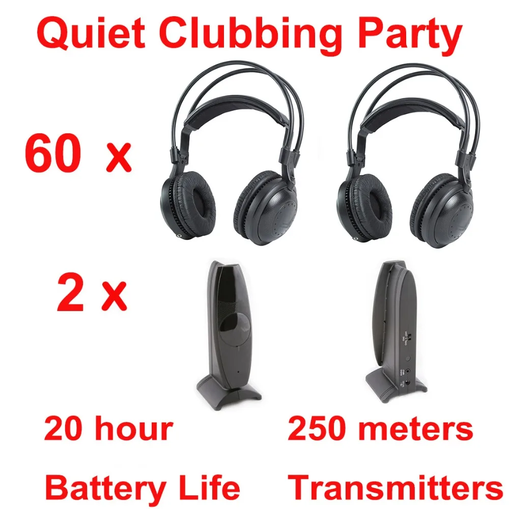 

Most Professional Silent Disco Wireless Headphones - Quiet Clubbing Party Bundle (60 Headsets + 2 Transmitters)