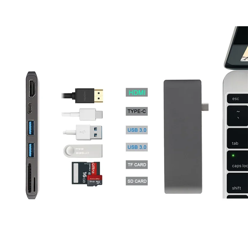 

6-in-1 Type-C Hub Adapter USB-C Aluminum USB C HDMI Type C Hub 3.0 Splitter Adapter TF Micro Card Reader for Macbook