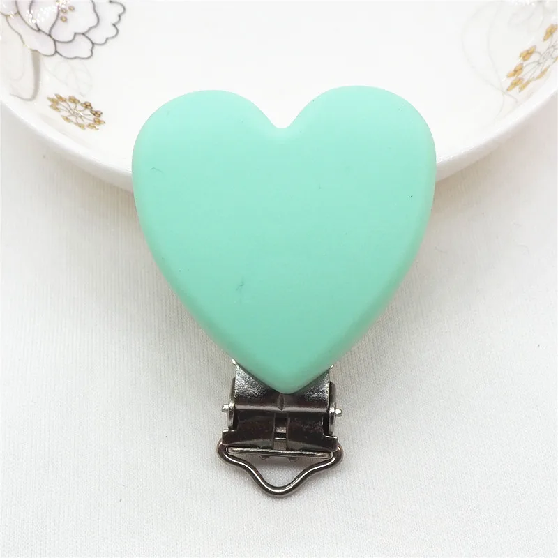 Chengkai 10pcs Silicone Heart Teether Clips Baby Shower Pacifier Dummy Soother Nursing Charm Jewelry Making Holder Clips - Цвет: Mint