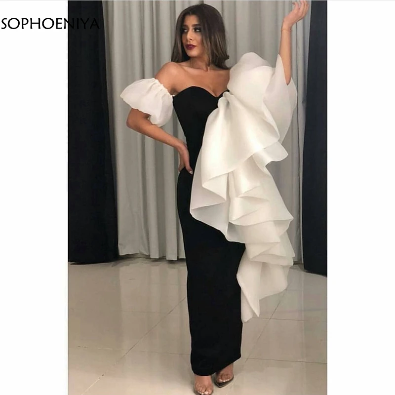 

New Arrival Black white evening dress 2019 Dubai Arabic Formal dress Party abendkleider Ankle length evening dresses Long