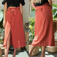 Женская летняя повседневная юбка средней длины с высокой талией, с разрезом спереди, пуговица для юбки, повязная юбка, свободная пляжная юбка