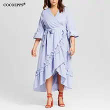 COCOEPPS Tamanho Grande Outono Inverno Mulheres Vestido longo Listrado Vestido Plus Size Vestidos Femininos Casuais Solta Com Decote Em V de Cintura Alta Do Vintage