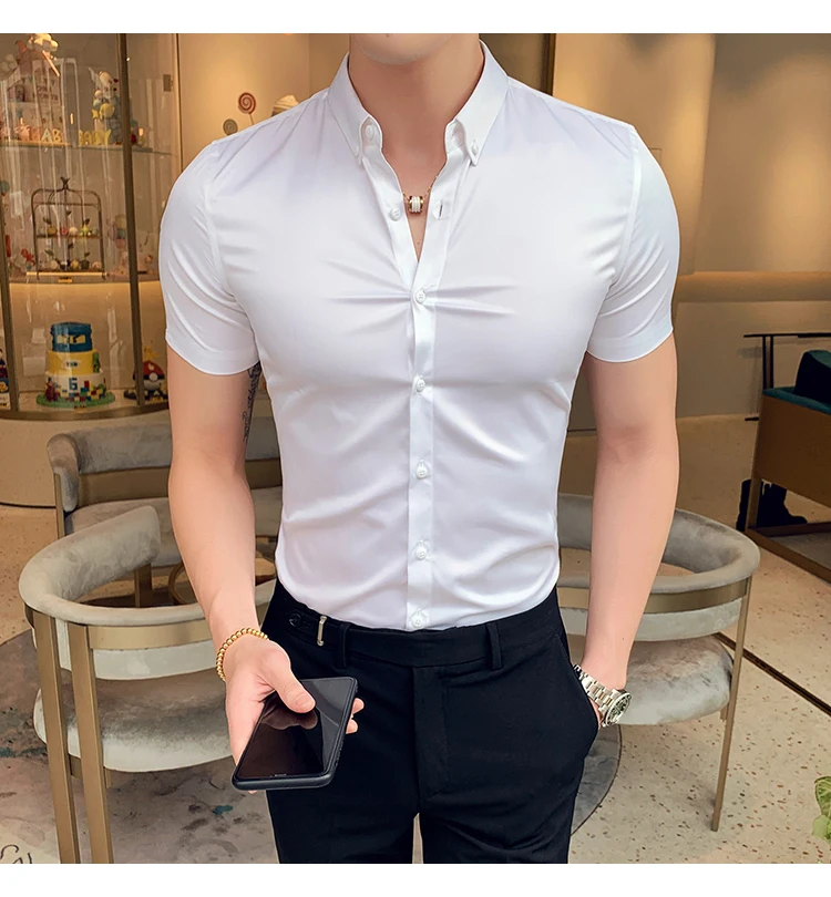 CHENSF Mens Casual Fashion Short-Sleeved Shirt Solid Color Slim Soft Shirt Shirt Male 