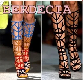

summer newest hollow out colorful patchwork long boots candy color sandal boots open toe high heel shoes suede knee high boots