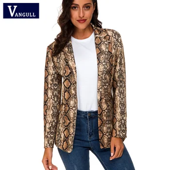 

Vangull Women England Style Snake Print jacket 2019 New Spring Pockets Notched Collar Fashion Long Sleeve Coat Female Outerwear