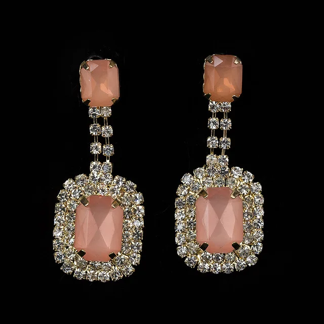 Square Gem Crystal Penntes Statement Earrings For Women Pink Jade Square Gem Crystal Penntes Statement Earrings For Women Pink Jade Green Stones Gold Earring Fashion
