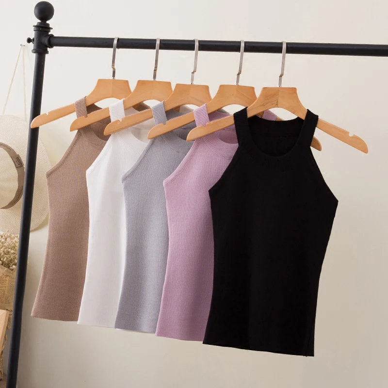 Summer Women Slim Knitting Halter Camisole Tops Female Bodycon Knitted Tanks Sleeveless Basic Solid T shirts 8017 black camisole