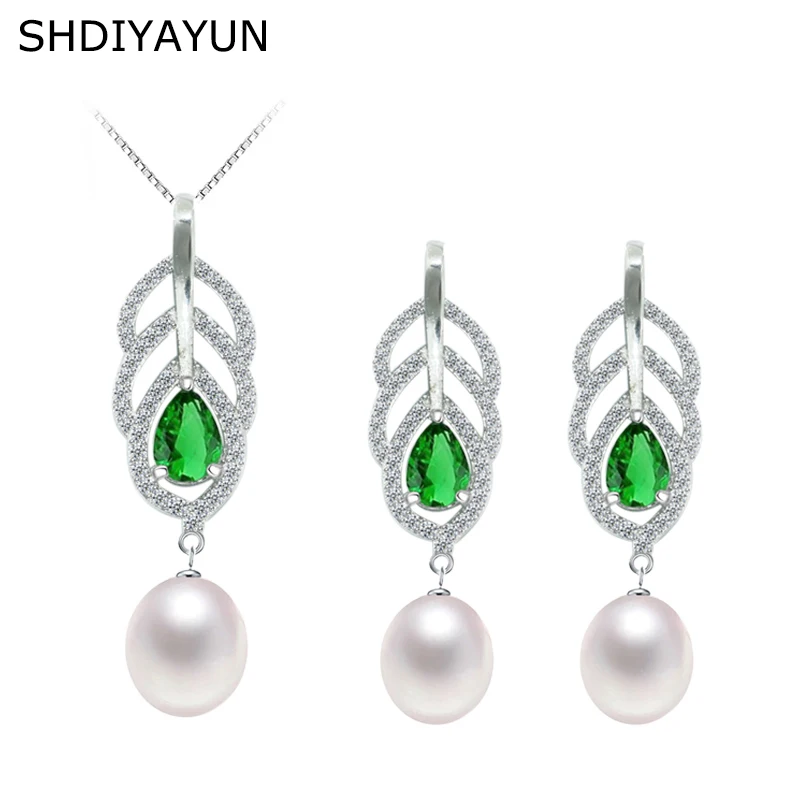 

SHDIYAYUN 2019 Pearl Jewelry Sets Natural Pearl Pendant 925 Sterling Silver Green Zircon Feather Earrings Necklace For Women