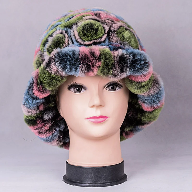 

Handmade Russian Women's Real Rex Rabbit Fur Fedoras Hats Female Winter Warm Fur Caps Headgear LF4288