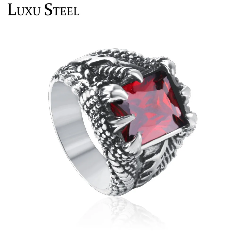 

LUXUSTEEL Uniques Style Red Crystal Rings Stainless Steel Size 8-12 Silver Color Engagement Ring Fashion Jewelry For Women