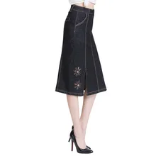 Летний стиль женские юбки с вышивкой средняя талия женская черная длинная джинсовая юбка